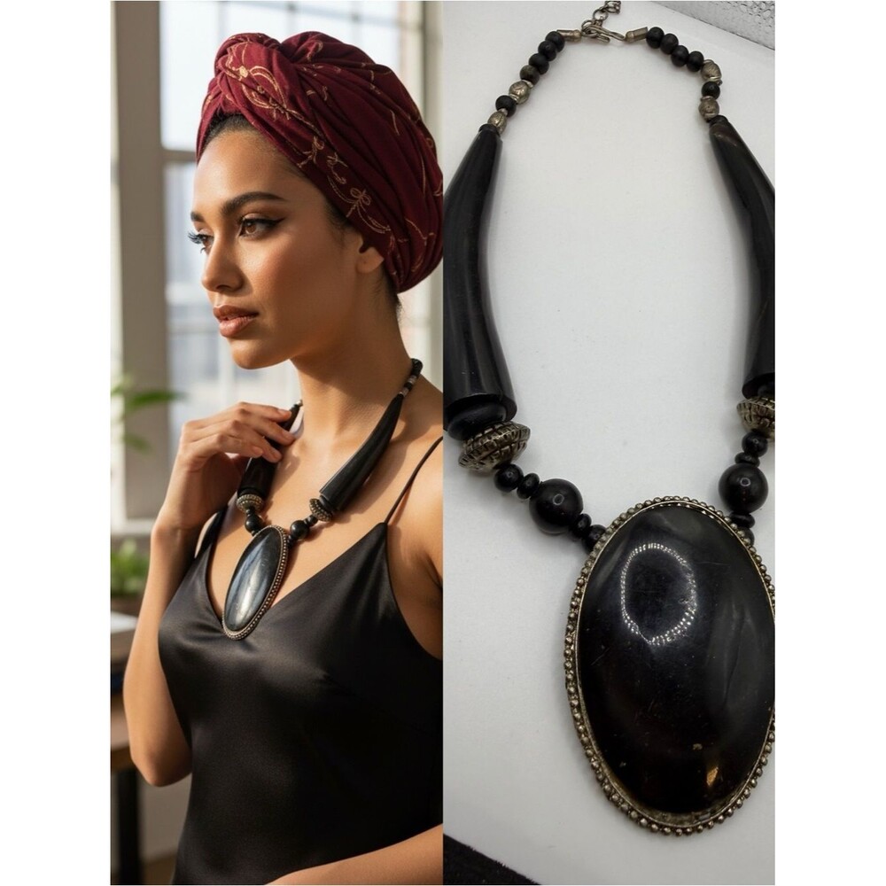 Vintage Black Statement Necklace Oversized Pendant Tribal Boho